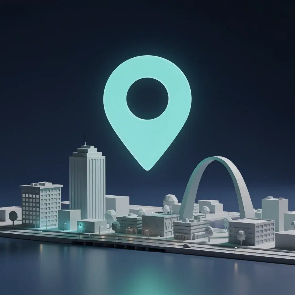 Local SEO services for St. Louis — 3D map pin over miniature St. Louis skyline