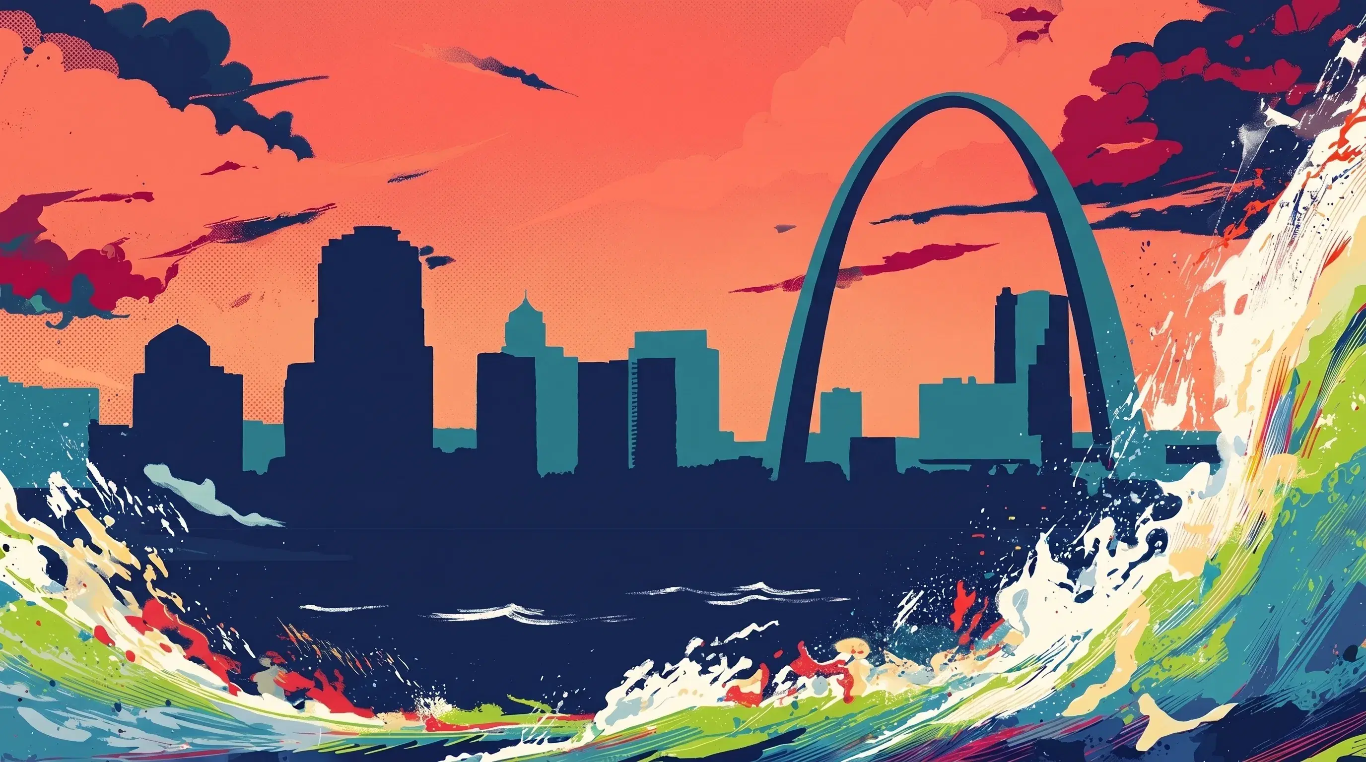 A bold pop-art illustration of the St. Louis skyline at sunset