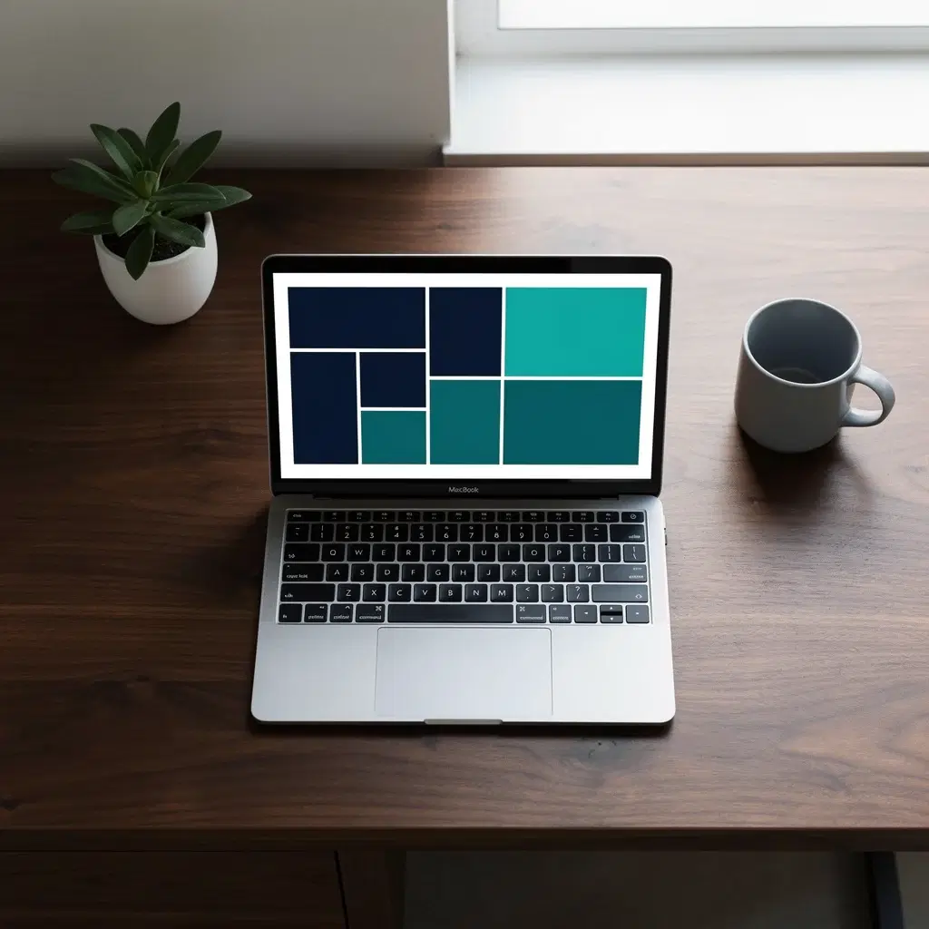 Build & launch — hands working on a MacBook with navy and teal layout shapes