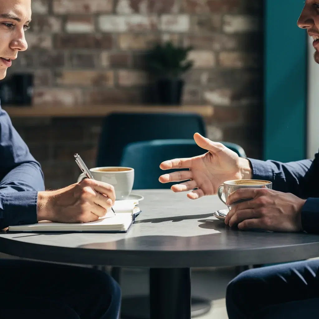 Discovery — two St. Louis professionals talking across a coffee table