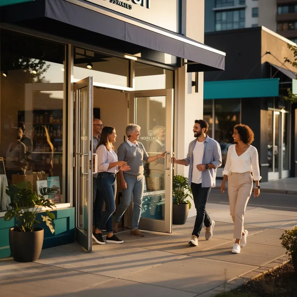 Grow — happy customers walking into a modern St. Louis storefront at golden hour