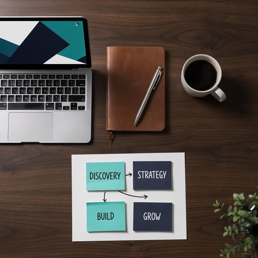Strategy — overhead workspace with sticky notes labeled Discovery, Strategy, Build, Grow